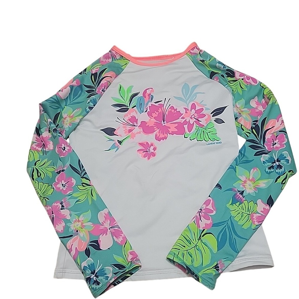 Lands End Girls Rash Guard Long Sleeve‎ Swim Top Floral Tropical White Teal 7S